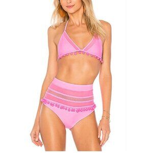 Revolve Tularosa Women's Hot Pink High Waist Pom Pom Mesh Nina Bikini Size L
